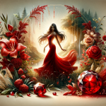 A beautiful and elegant scene representing the name ‘Rúbia’. The focus is on a radiant and graceful figure, symbolizing the meaning ‘red’ or ‘ruby’. S