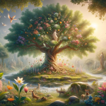 A beautiful and symbolic scene representing the name ‘Eva’. In the center, there’s a flourishing tree of life, with lush green leaves and vibrant flow
