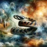 A captivating image of a rattlesnake in a natural, wild setting, symbolizing the themes of danger, transformation, and renewal. The snake is coiled, r