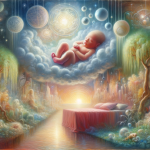 A dream interpretation scene depicting a peaceful and nurturing environment. The focus is on a symbolic representation of a newborn baby, embodying ne