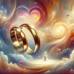 A dreamy and symbolic image of two intertwined gold wedding rings, set against a surreal and ethereal background, representing the themes of love, com