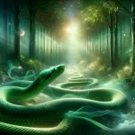 A dreamy, ethereal scene depicting the enigmatic world of dreams, focusing on the central theme of encountering a green snake. This visual narrative u