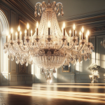 A graceful and classic scene representing the name ‘Clarisse’. The focus is on a stunning crystal chandelier, radiating soft, warm light, symbolizing