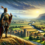 A historical and noble scene representing the name ‘Franklin’. The focus is on a medieval English landscape, with a free man overseeing his lands, sym