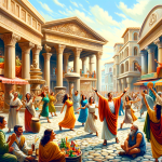 A joyful and historical scene representing the name ‘Caio’. The focus is on a vibrant and bustling Roman marketplace, symbolizing the ancient origins