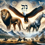 A majestic and powerful scene representing the name ‘Ari’. The focus is on three symbolic animals – a lion, an eagle, and a noble horse, each represen