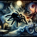 A mysterious and evocative representation of the psychological meaning of dreaming about a black spider. The scene is set in a dark, enigmatic environ