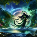A mystical and captivating scene representing the name ‘Yara’. The focus is on a beautiful and enchanting figure, symbolizing the meaning ‘lady of the