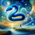 A mystical and insightful representation of the meaning of dreaming about a blue snake. The scene is set in a surreal, spiritual landscape, capturing