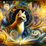 A mystical and intriguing representation of dreaming about a yellow cat, capturing the themes of mystery, intuition, and creativity. The image depicts