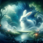 A mystical and serene depiction of dreaming about a white rabbit, highlighting the symbolism of purity, innocence, and new beginnings. The image prese