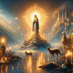 A peaceful and spiritual scene representing the name ‘Maria de Lourdes’. The image should evoke a sense of faith, tradition, and spiritual connection,