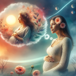A peaceful and symbolic representation of a woman dreaming about her pregnant friend. The scene includes a serene background with soft colors, depicti