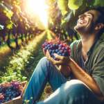 A person joyfully eating grapes in a vineyard, symbolizing abundance, prosperity, and the enjoyment of life’s pleasures. The setting is peaceful, with