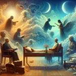 A poignant and reflective scene depicting ‘Between Past and Present Interpreting Dreams with People Who Have Passed Away’. The image should portray a