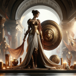 A powerful and elegant scene representing the name ‘Alessandra’. The focus is on a noble and courageous figure, symbolizing the meaning ‘defender of h