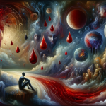 A powerful and evocative depiction of the deep meaning of dreaming about blood in the context of dream interpretation. The scene is set in a surreal,