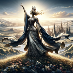A powerful and graceful scene representing the name ‘Érica’. The focus is on a regal and majestic figure, symbolizing the meaning ‘eternal ruler’. She