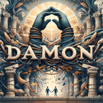 A powerful and meaningful illustration representing the name Damon, emphasizing its themes of loyalty and strength in both ancient and modern contexts