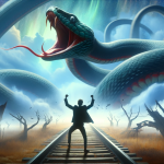 A powerful and symbolic dream scene of someone overcoming their fears by successfully battling and defeating a snake. The environment is surreal, emph