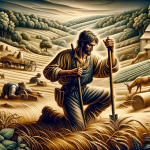 A robust and historical scene representing the name ‘Jorge’. The focus is on a strong and diligent figure, symbolizing the meaning ‘farmer’ or ‘one wh