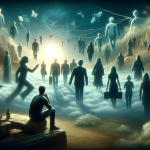 A scene depicting a person dreaming of interacting with various unknown people, symbolizing exploration of the self and facing unknown aspects of pers