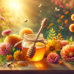 A serene and delightful scene representing the name ‘Mel’. In the foreground, there’s a golden jar of honey with a wooden honey dipper, symbolizing sw