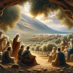 A serene and historical scene representing the name ‘Enos’. The focus is on an ancient biblical setting, depicting the early generations of humanity.