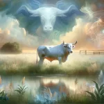 A serene and majestic white ox stands in the center of a tranquil field, symbolizing strength, tenacity, and patience. The field is lush and peaceful,