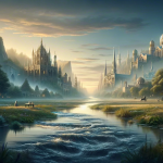 A serene and meaningful scene representing the name ‘John’. The focus is on a tranquil landscape with a river flowing through, symbolizing grace and t