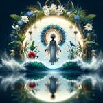 A serene and mystical scene representing the name ‘Janaína’, evoking the image of charm, strength, and connection with nature. The image should depict