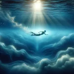 A serene and surreal image of a person swimming in a vast, deep blue ocean, representing the act of swimming in a dream. The ocean is a metaphor for t
