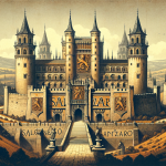 A sophisticated and historical illustration representing the name Salazar and its noble origins. The image should depict an ancient Spanish castle or