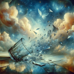 A surreal and symbolic image representing the theme of a broken glass in a dream. The scene shows a shattered glass amidst a dream-like, ethereal back