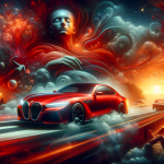 A surreal and symbolic image representing the theme of dreaming about a red car. The scene depicts a dream-like environment with a vibrant red car, sy