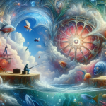 A surreal and symbolic image representing the theme of fishing in a dream. The scene depicts a dream-like setting with a person engaged in fishing, su