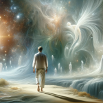 A surreal and symbolic image representing the theme of white clothing in a dream. The scene depicts a dream-like environment with figures wearing whit