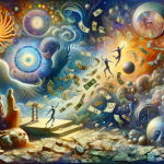 A surreal and symbolic representation of discovering money in a dream. The image depicts a dream-like, ethereal landscape where ethereal figures are f