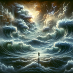 A surreal and symbolic representation of the concept ‘Navigating the Unconscious The Deep Meaning of Dreaming about Rough Seas.’ The scene depicts a
