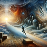 A surreal and symbolic representation of the concept ‘Unraveling the Meaning of Dreams The Escape in Search of Self-Knowledge.’ The scene depicts a d