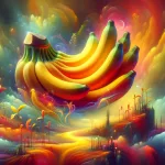 A surreal and vibrant image depicting a cluster of ripe bananas, symbolizing the dream theme of bananas maduras. The bananas are vivid and full, place