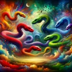 A surreal representation of the dream theme of colorful snakes, symbolizing psychological depth and emotional complexity. The image shows a dream-like