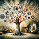 A symbolic and familial scene representing the name and surname ‘Neto’. The focus is on a multi-generational family tree, symbolizing the concept of l