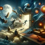 A symbolic and intense scene illustrating ‘Navigating the Dream World Understanding Dreams of Being Robbed’. The image should depict a dreamlike scen