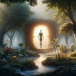 A symbolic and serene scene representing the name ‘Adão’. The focus is on an evocative figure symbolizing the meaning ‘man’ or ‘humanity’, standing in