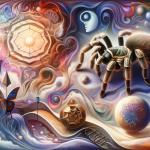 A symbolic and thought-provoking representation of the psychological meaning of dreaming about a tarantula. The scene depicts a surreal, dreamlike env