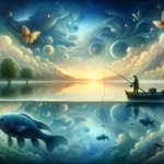 A tranquil and symbolic scene depicting ‘Exploring the Depths of the Unconscious The Meaning of Dreaming about Fishing’. The image should portray a d
