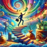 A vibrant and symbolic scene depicting ‘Unraveling the Dream of Finding Money A Symbolic Journey’. The image should portray a dreamlike scenario wher