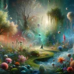 A visual interpretation of the concept ‘Exploring the Green The Meaning of Dreaming about Plants’. The scene is set in a surreal, dreamlike garden, s