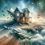A visual representation capturing the theme of a dream about a house collapsing, symbolizing instability and transformation. The image shows a surreal